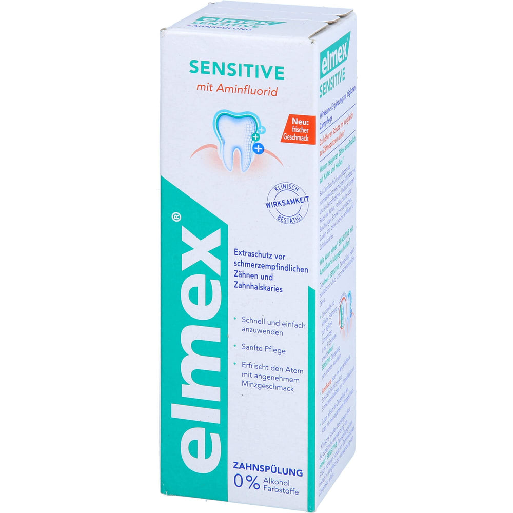 Close-up of Elmex Sensitive Mouthwash label showing amine fluoride and alcohol-free formula
