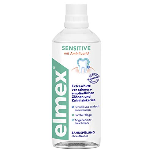 Elmex Sensitive Mouthwash bottle side view with amine fluoride label