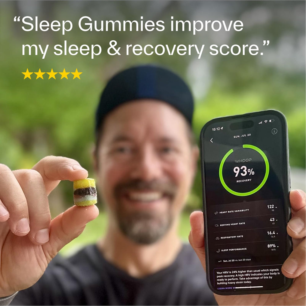 Assorted Elo Sleep Gummies laid out on a white surface