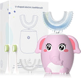 ELOTAME Kids Electric U-Shaped Toothbrush Pink front view with four brush heads