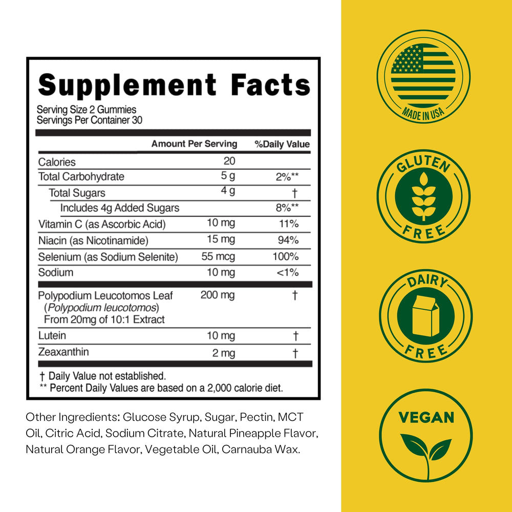 Vitamin C and selenium in Embody Sun Gummy promote collagen and healthy skin.