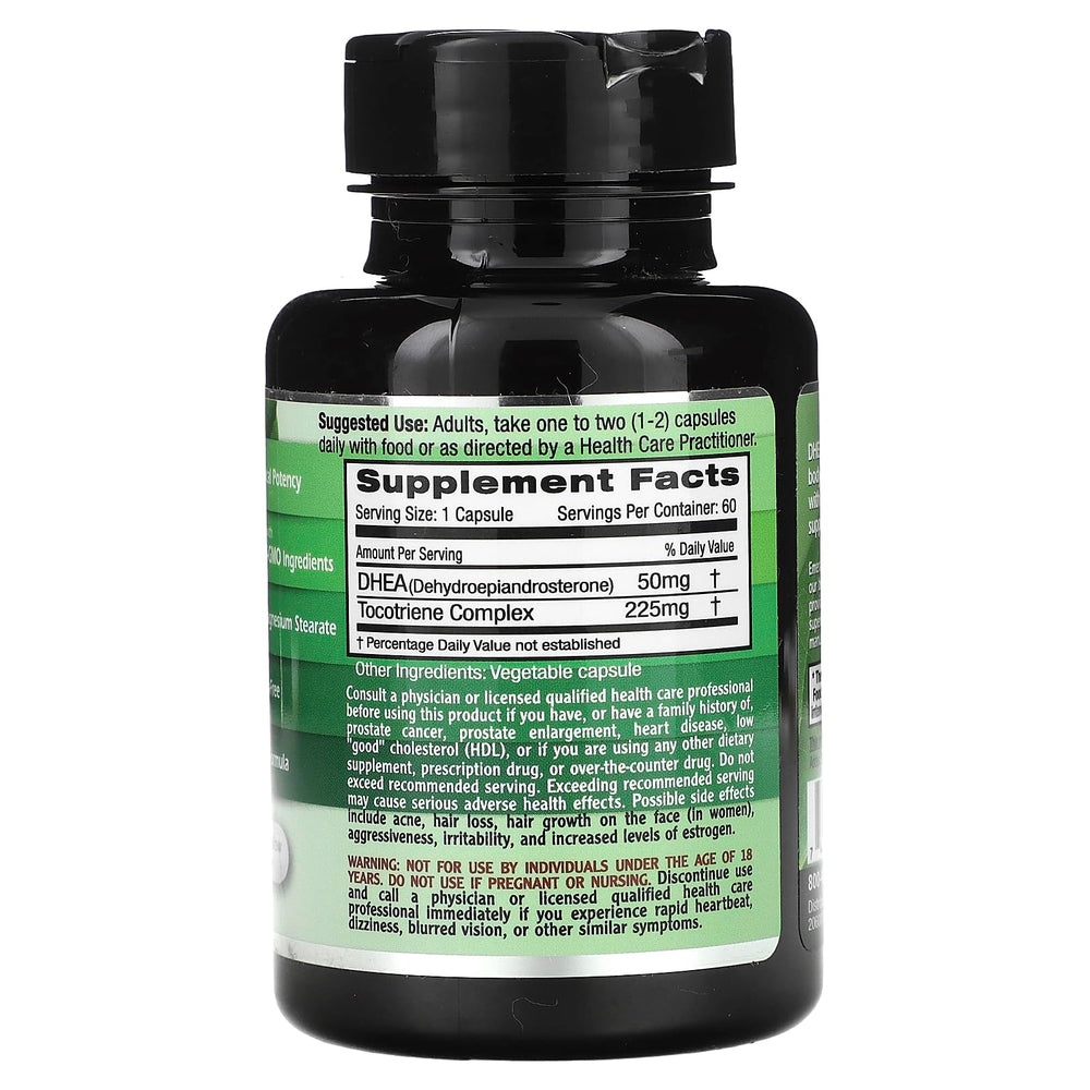 Supplement facts label for Emerald Labs DHEA 50mg Adrenal Support Gluten-Free