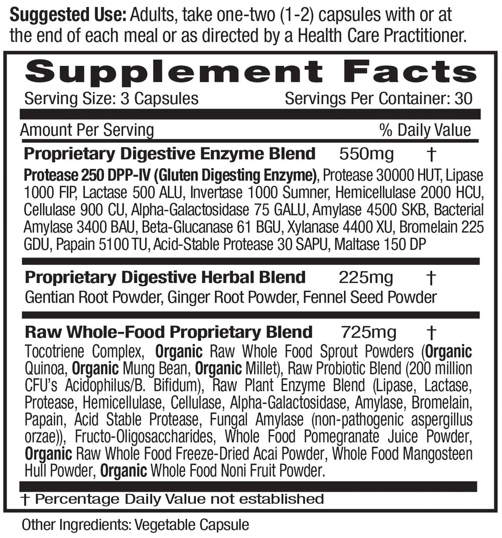 Close-up of label highlighting probiotics and digestive enzymes