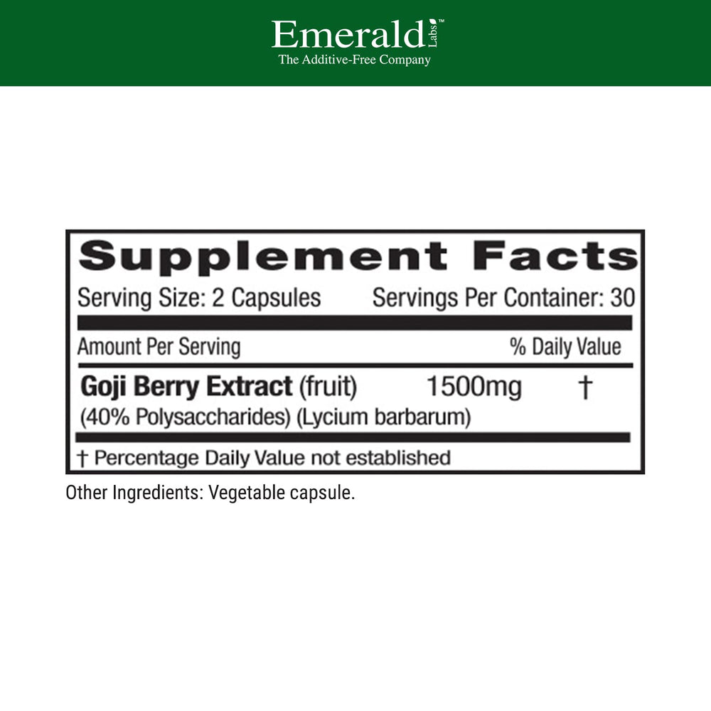 Close-up of Emerald Labs Goji Berry capsules