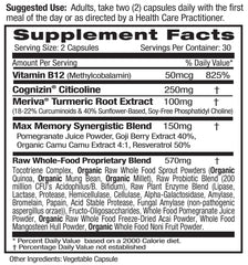 Close-up of Memory Health label highlighting Meriva Turmeric and Vitamin B12
