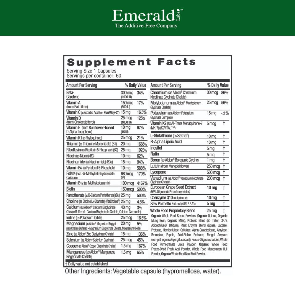 Front view of Emerald Labs Men's 45+ 1-Daily Multi bottle