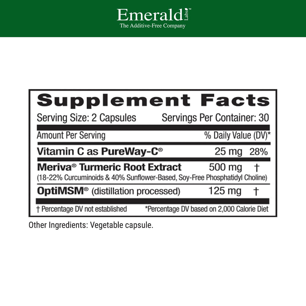 Meriva turmeric root extract 500 mg per serving highlighted on label