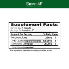 Close-up label of Emerald Labs Pregnenolone 50mg + DHEA 25mg