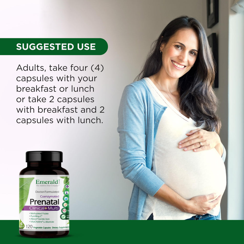 Soy-free and gluten-free certification icons on Emerald Labs Prenatal Multi packaging