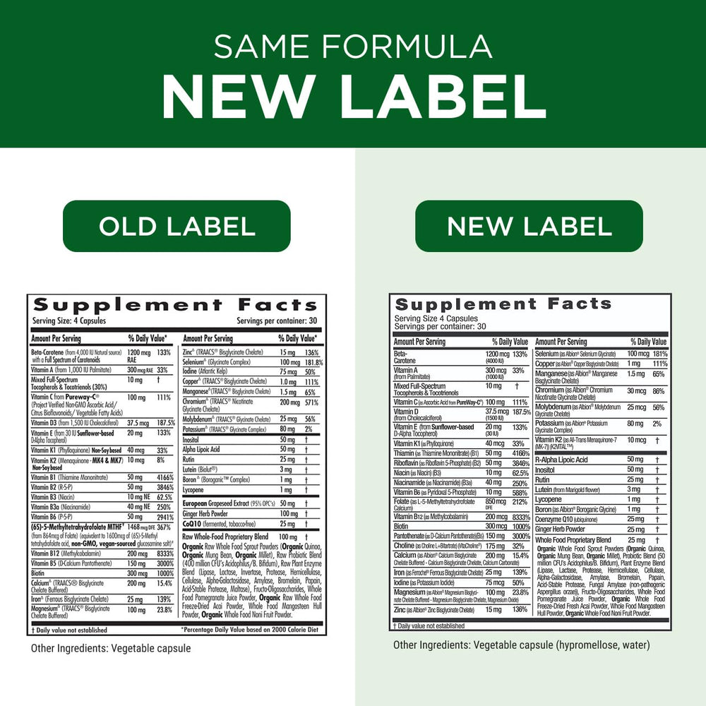 Nutrition facts and ingredient list on Emerald Labs Prenatal Multi label