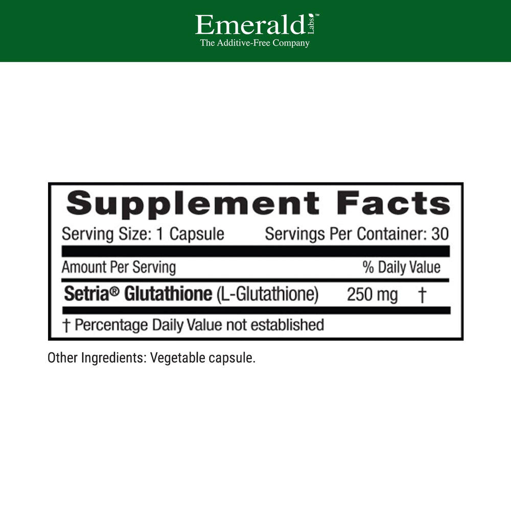 Close-up of Setria L-Glutathione capsules next to bottle