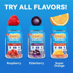 Flavor options for Emergen-C Immune+ Elderberry Gummies: Elderberry, Super Orange, Raspberry