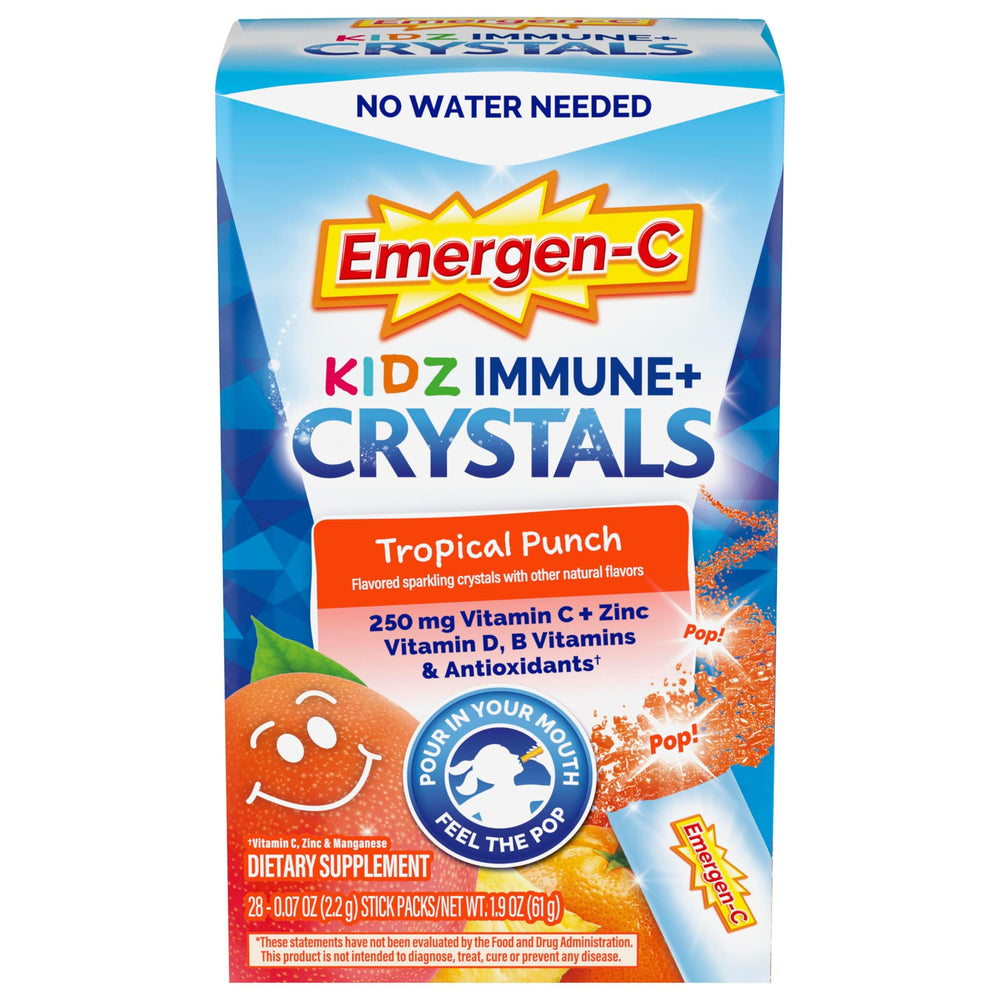 Emergen-C Kidz Immune+ Crystals Tropical Punch box front with 28 sticks