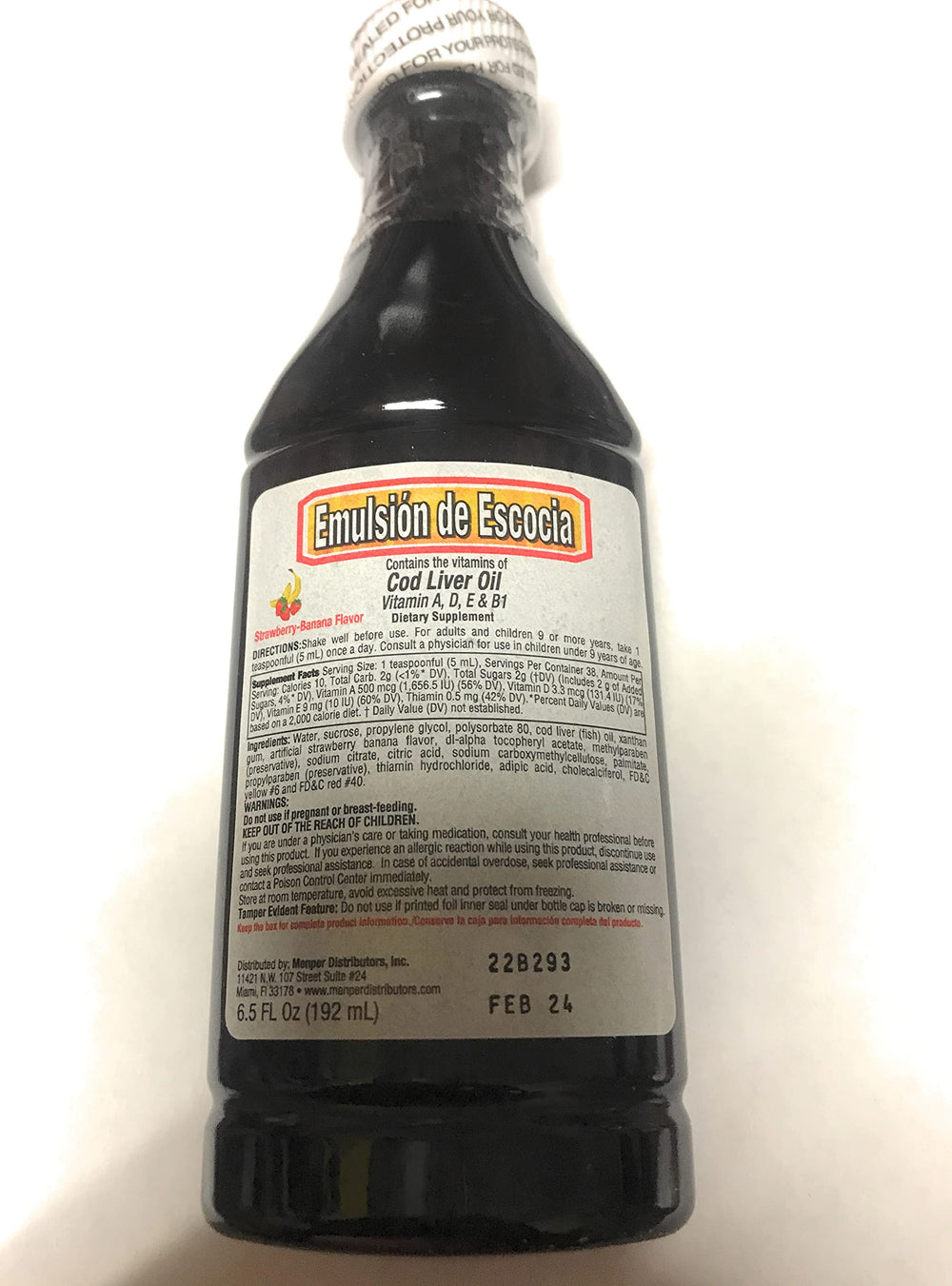 Back label showing ingredients and vitamins A and D