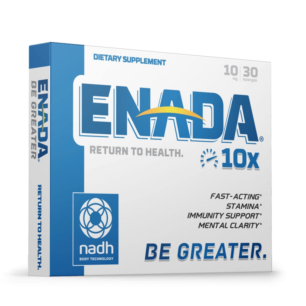 ENADA 10X NADH lozenge pack illustrating daytime energy without jitters.