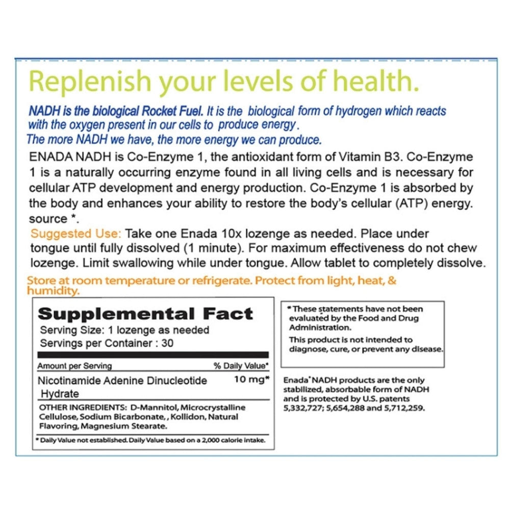 ENADA 10X NADH sublingual bottle demonstrates fast-acting energy for study sessions.