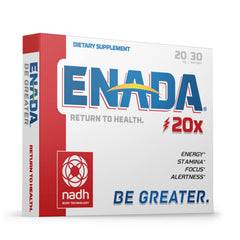 ENADA 20x NADH lozenges packaging shows portable daily energy support.