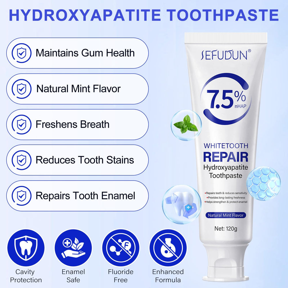 Enamel restoration and cavity defense with hydroxyapatite toothpaste