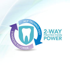 Close-up of Enamelon toothpaste label highlighting stannous fluoride