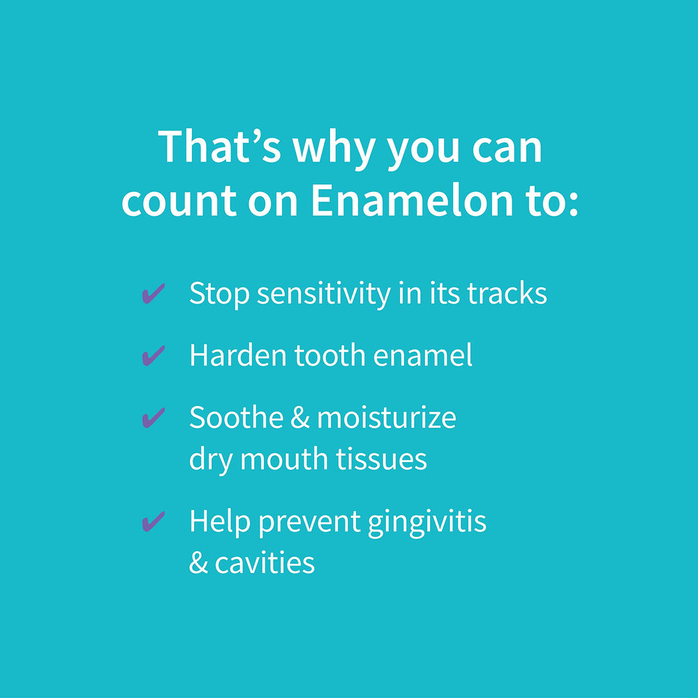 Graphic showing enamel protection and desensitizing benefits on packaging