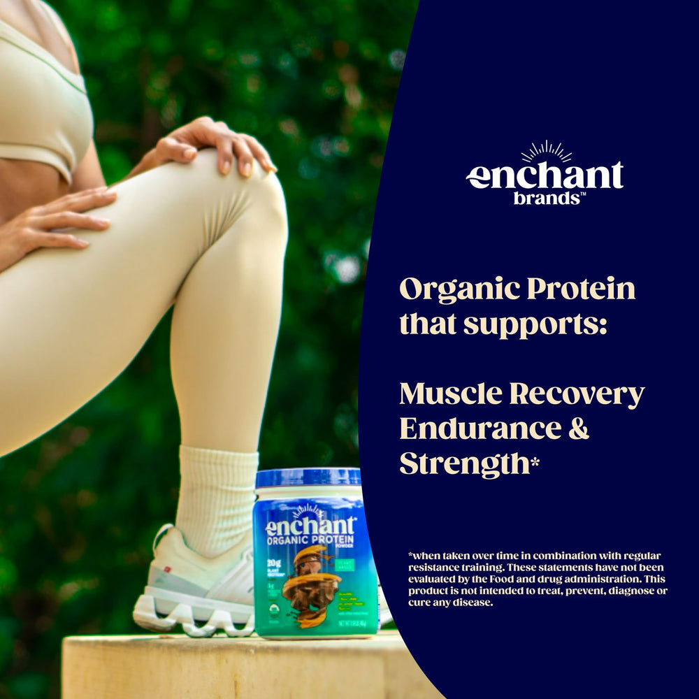 Enchant Organic Protein Powder serving shake ready for gym or desk
