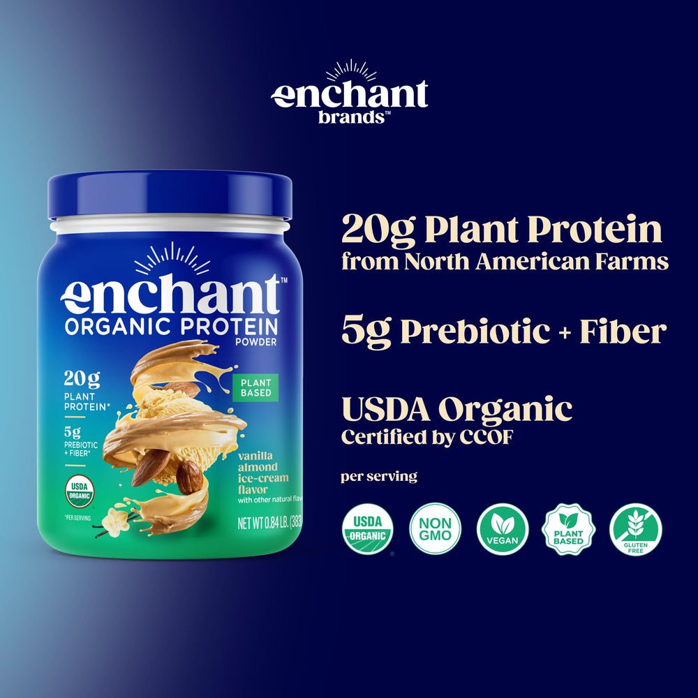 Enchant Organic Protein Powder Vanilla Almond aroma hints at indulgent daily shakes.