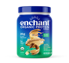 Enchant Organic Protein Powder Vanilla Almond tub ready to mix into meals.
