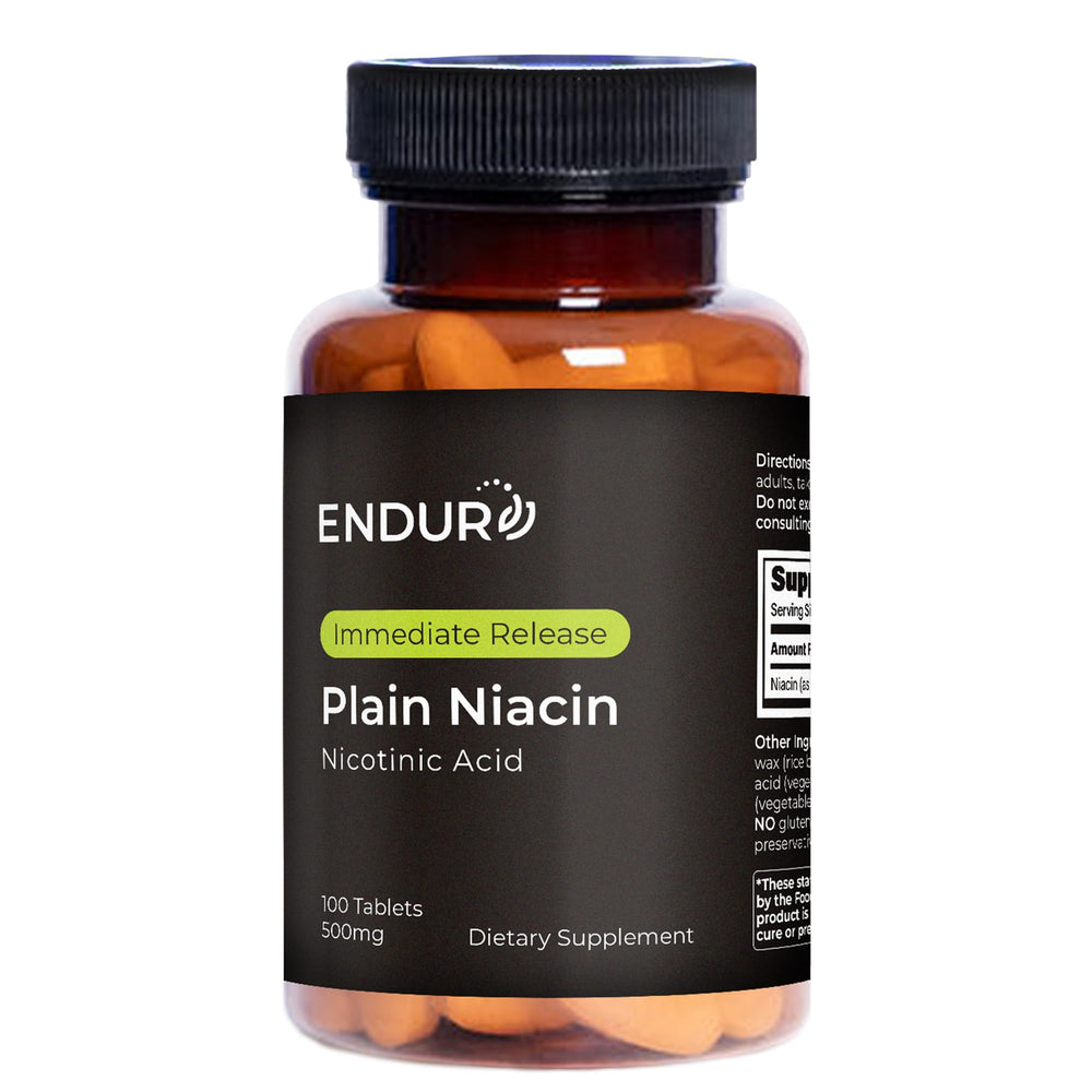 Endur Plain Niacin bottle label – 500mg per tablet, 100 tablets