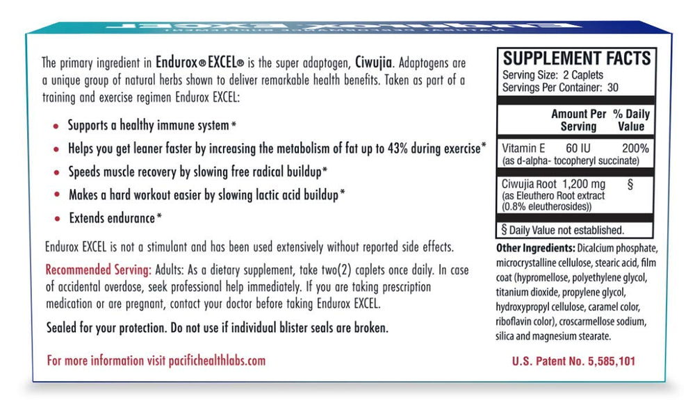 Endurox Excel 60 capsules back label view