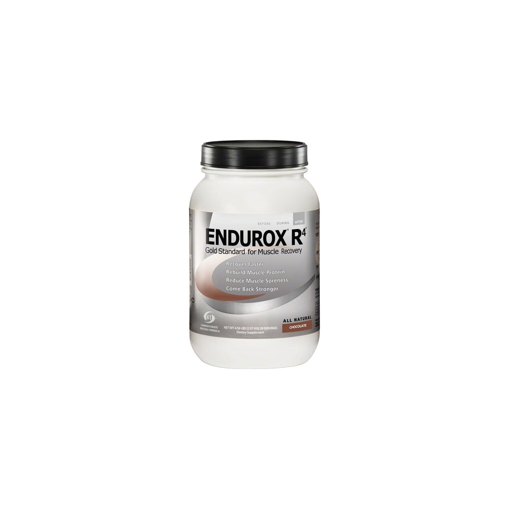 Endurox R4 chocolate tub front view highlighting recovery-forward formula for post-workout energy