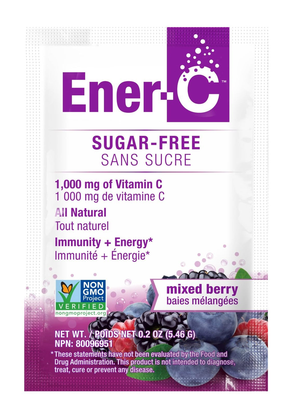 Close-up of Ener-C vitamin C 1000 mg berry mix sachet