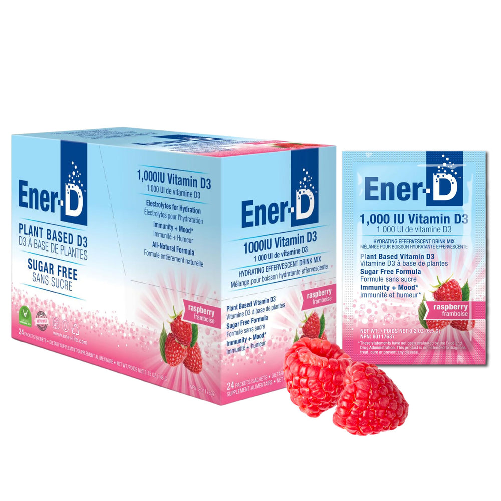 Ener-D Raspberry sugar free multivitamin drink mix bottle and packets