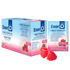 Ener-D Raspberry sugar free multivitamin drink mix bottle and packets