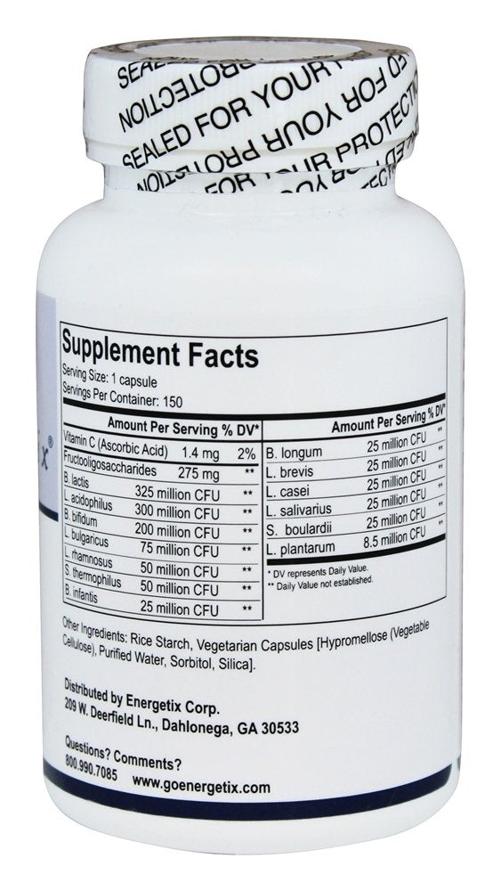 Close-up of Energetix Flora 12+ 150 Capsules bottle label