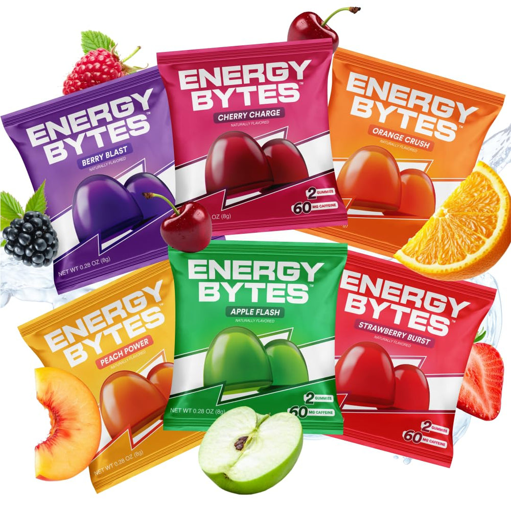 Energy Bytes Caffeine Gummies packshot showing quick mid-workout energy.