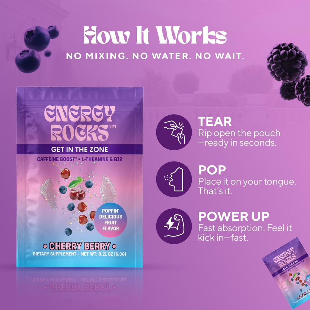 Energy Rocks No Water Pocket Sachets fit in bags for on-the-go energy.