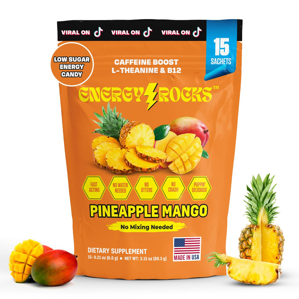 Energy Rocks pineapple mango crystals pack — tropical flavor and on-the-go energy boost.