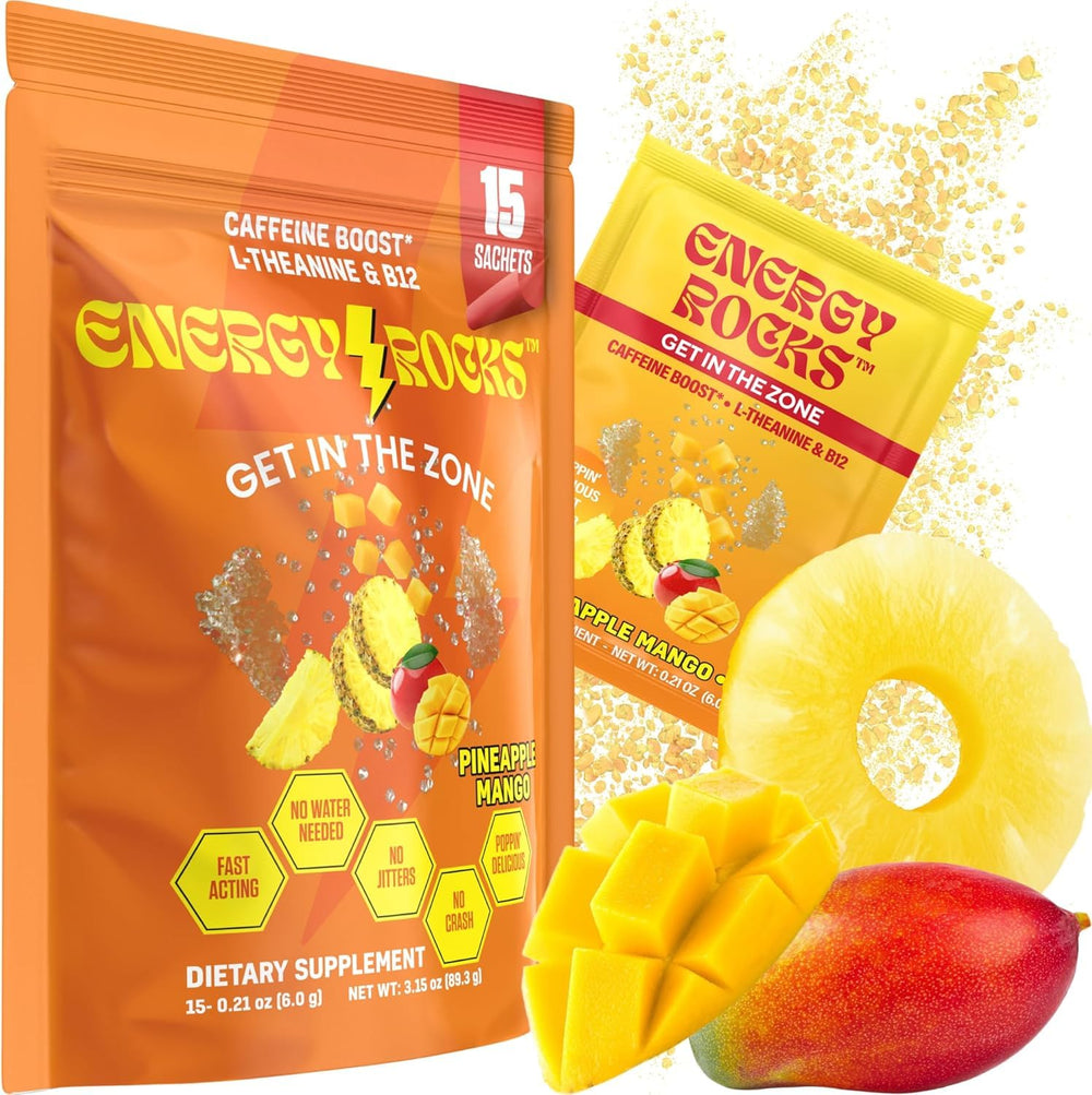 Energy Rocks pop-on-tongue close-up — instant energy with smooth focus.