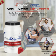 EnergyFirst grass-fed strawberry whey glass showing serving ideas with premium protein