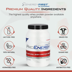 EnergyFirst grass-fed strawberry whey label highlighting non-GMO and gluten-free features