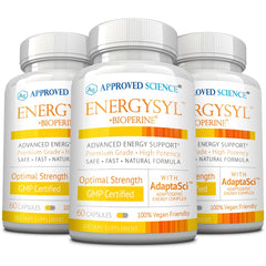 Front of Approved Science Energysyl bottle showing caffeine-free formula