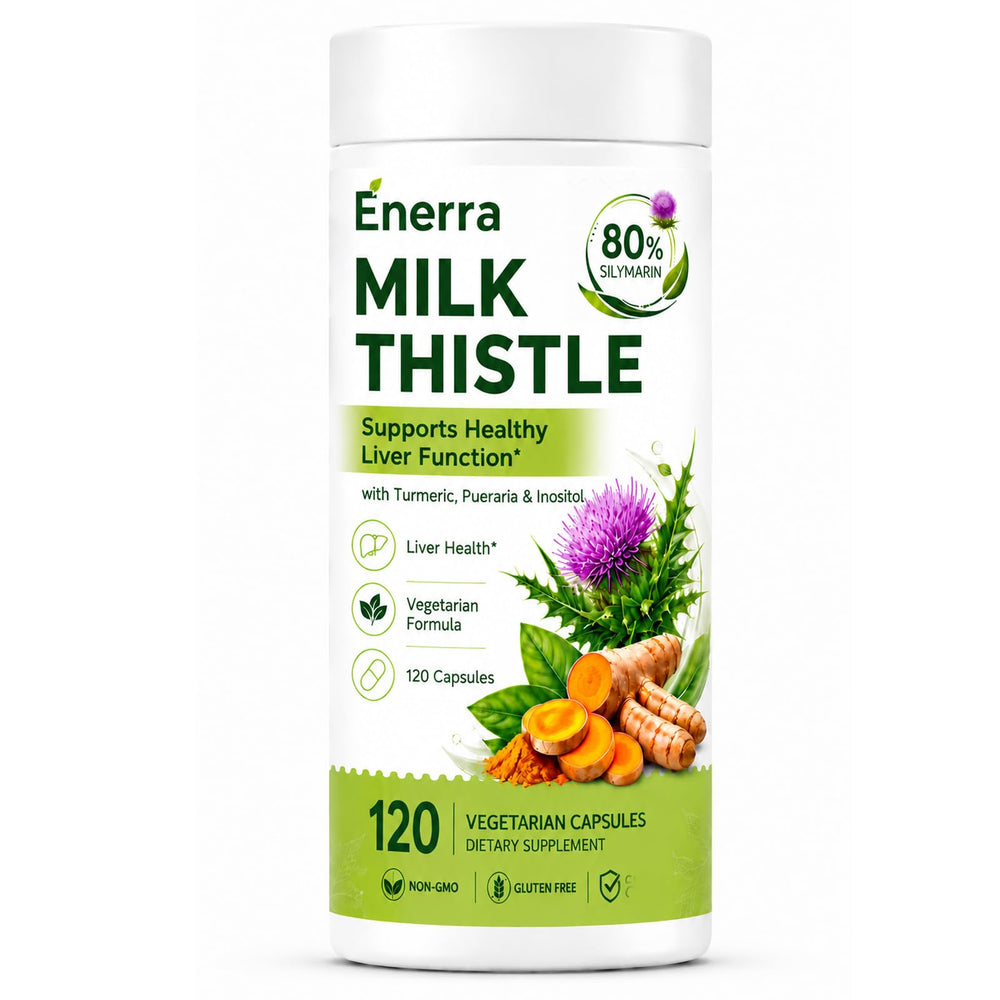 Clover Collagen Enerra Milk Thistle front bottle and label showing benefits