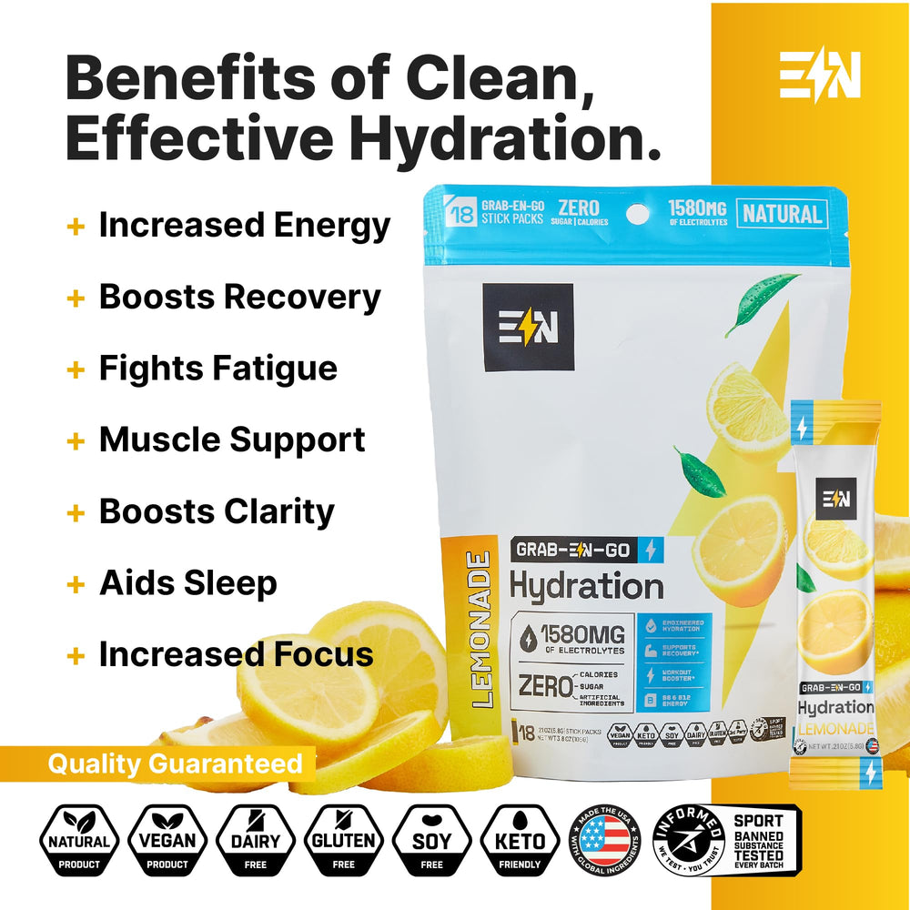 Engineered Nutrition lemonade electrolyte packets box packaging for convenient single-serving hydration.