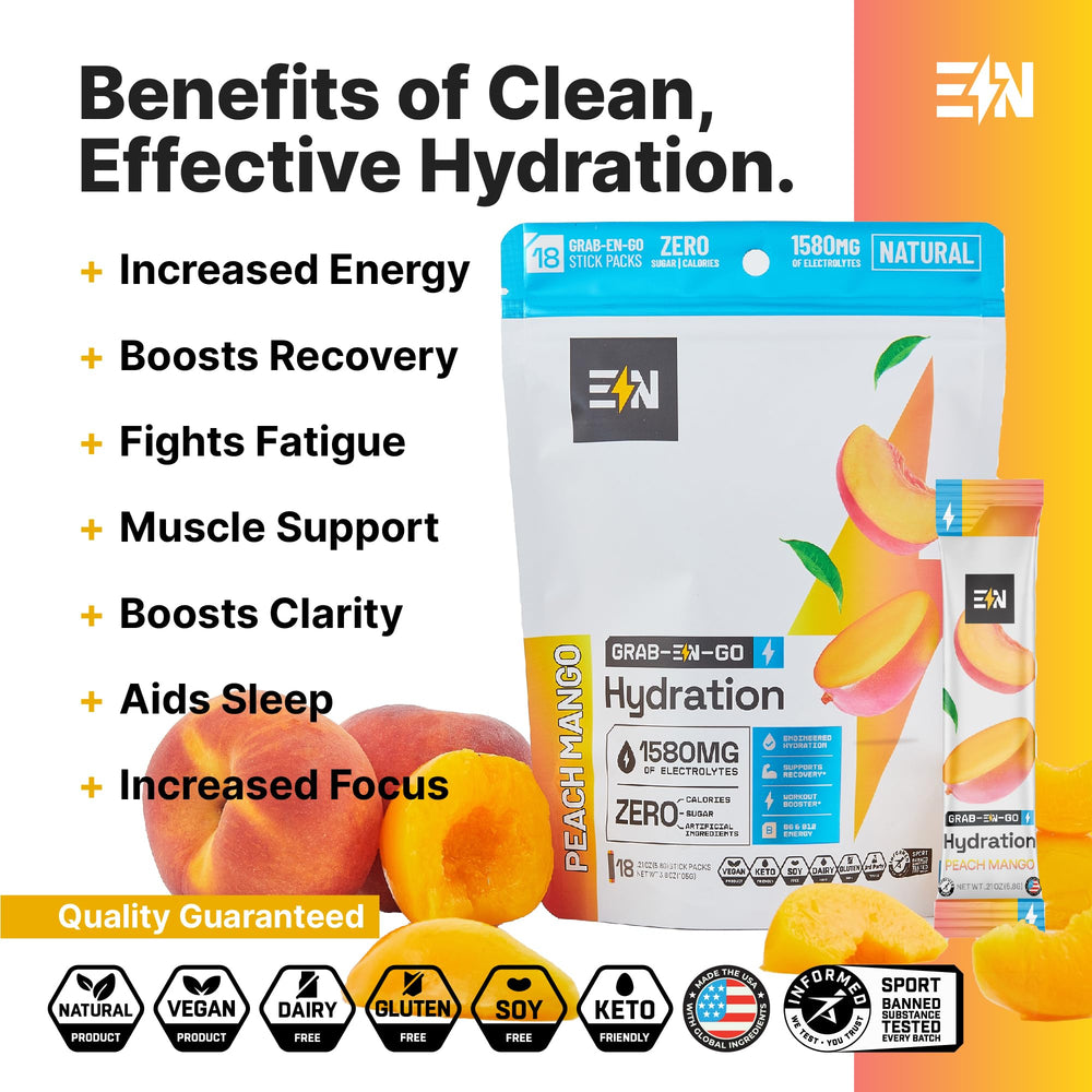 Engineered Nutrition electrolyte peach mango packet back showing ingredients and keto-friendly formula