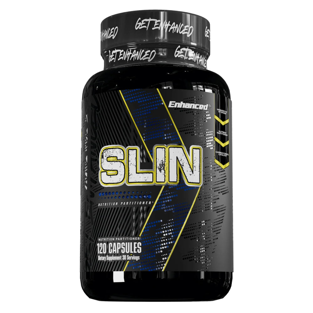 Enhanced SLIN nutrient partitioner bottle showing capsules for potential muscle gains after workouts.