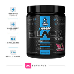 eFlow Nutrition Enrage Black label close-up highlighting premium ingredients for focus and pumps