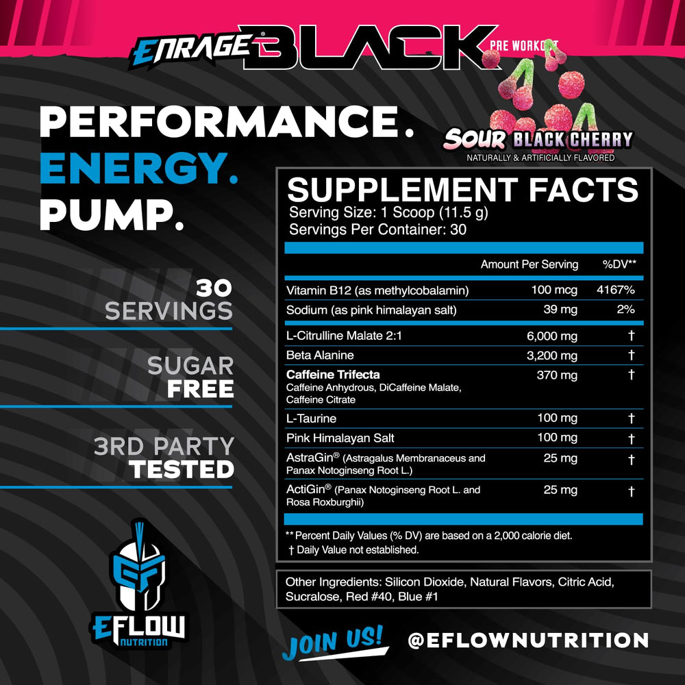 eFlow Nutrition Enrage Black powder close-up highlighting high-stimulant blend for energy
