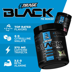 Enrage Black scoop pouring powder for precise pre-workout serving