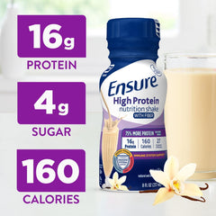 Side view of Ensure High Protein Vanilla Shake 8 oz bottle in 24-pack
