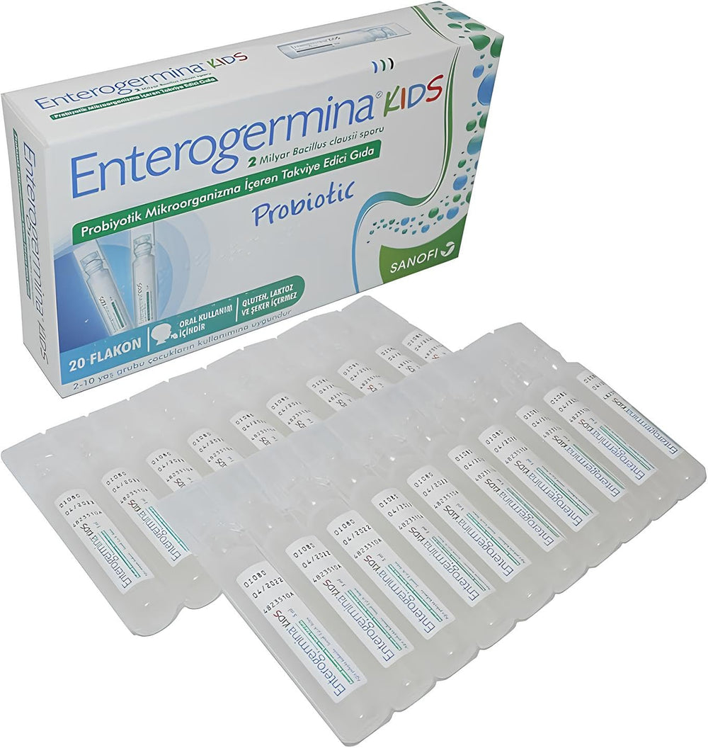 Side view of Enterogermina KIDS packaging with 20 mini bottles